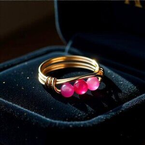 Sz 8.5 ~ Sexy & Slim Pink Agate Beaded Handmade Ring! Sturdy Every Day Wear!